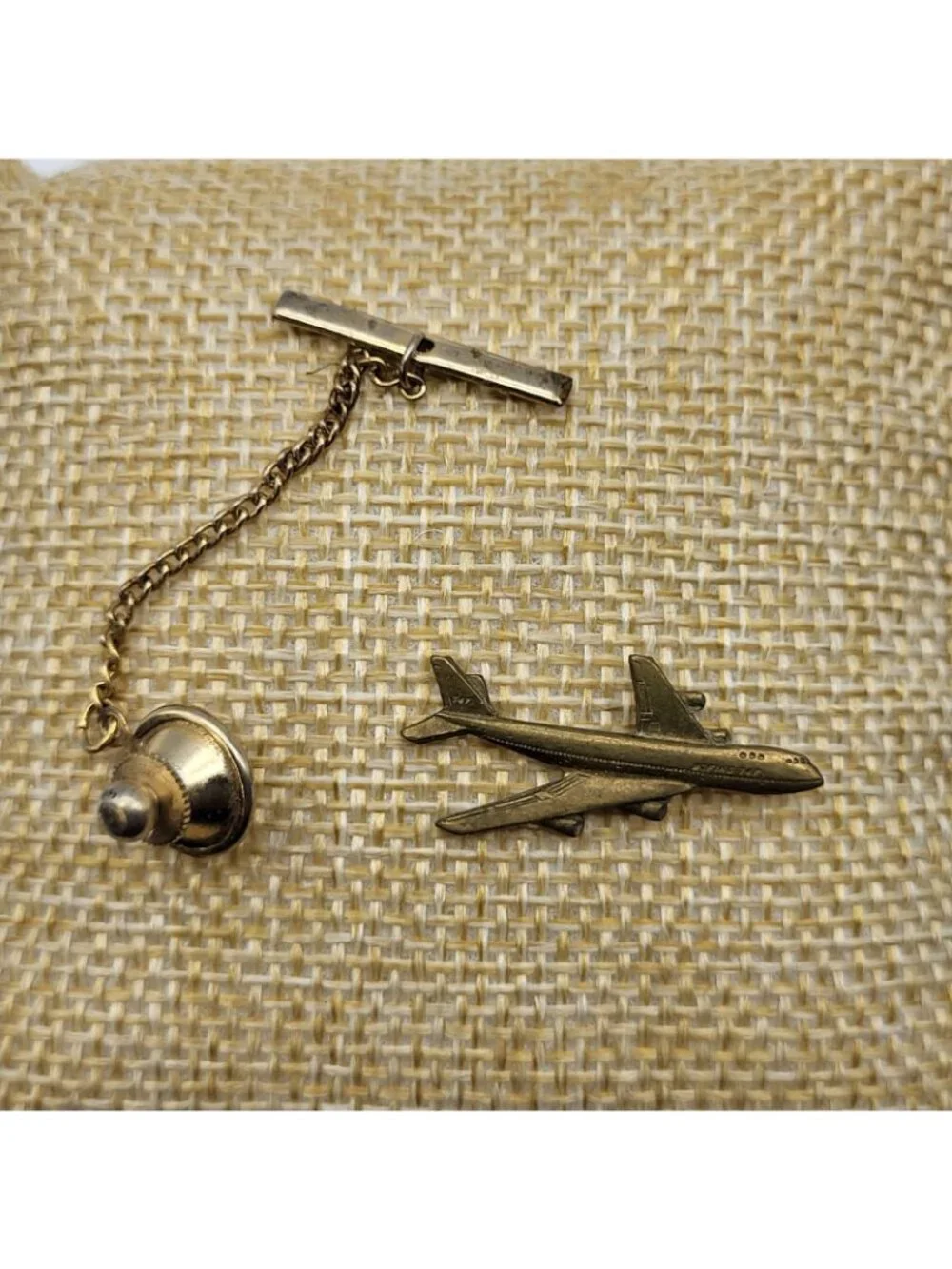 Vintage Boeing 747 Airplane Plane 3D Gold Tone Tie Tack Pin Pinback